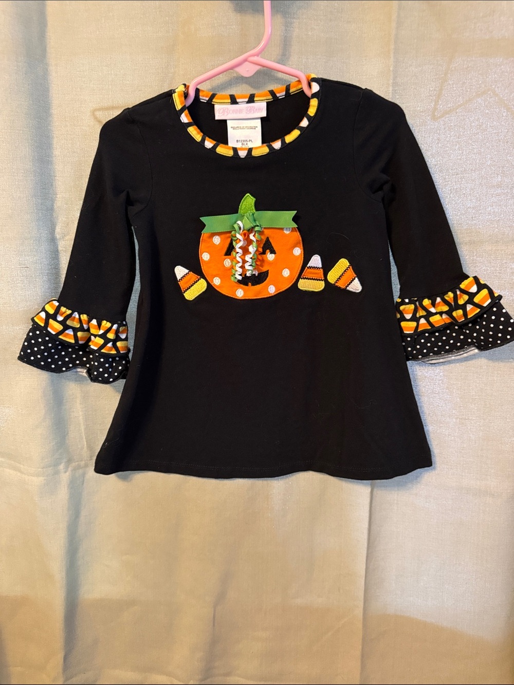 Bonnie Baby Black Pumpkin Patch Appliqué Top with Candy Corn Trim